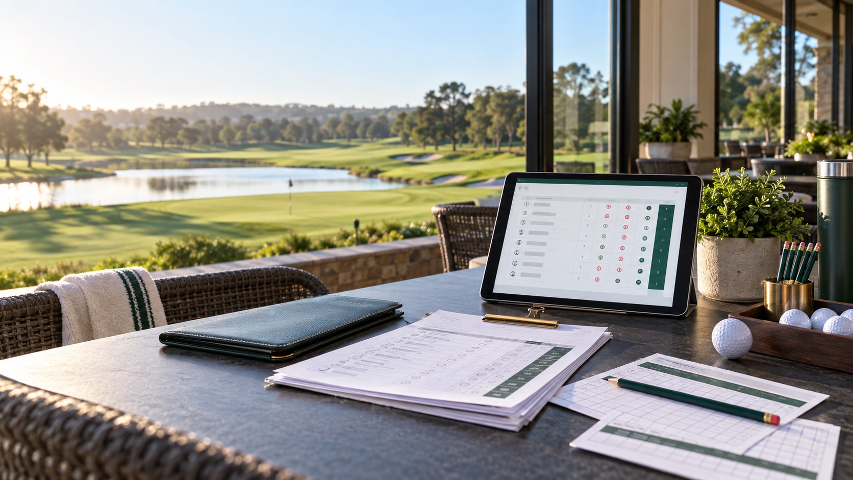 Golf event plans, scorecards, and a digital leaderboard arranged on a clubhouse table
